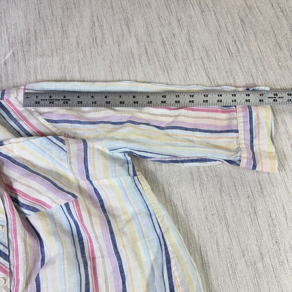 Chicos No Iron Linen Striped Button Down Shirt Womens 2 L 12/14 Mul 3/4 Sleeve - Picture 9 of 9
